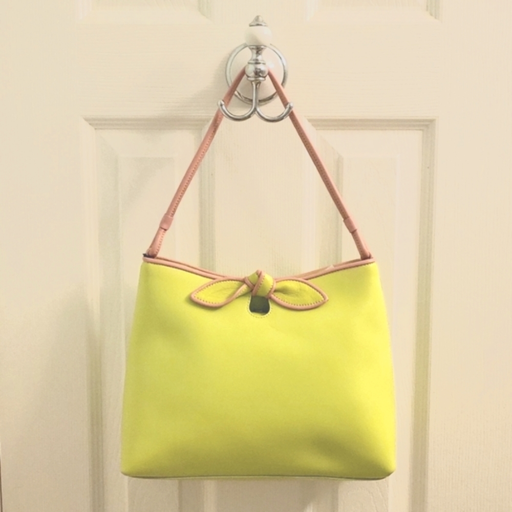 Furla, leather handbag, lime green with pink trim